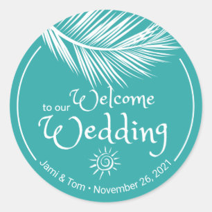 Beach Palm Leaf Turqoise Wedding Willkommen Runder Aufkleber