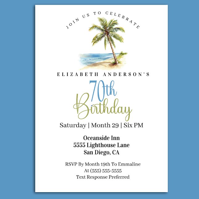 Beach Palm Tree 70th Birthday Einladung (Tropical beach palm tree 70th birthday invitation with ocean scene coastal party theme
)