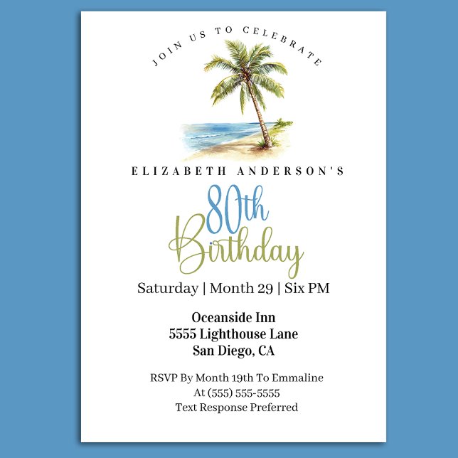Beach Palm Tree 80th Birthday Einladung (Elegant tropical beach palm tree 80th birthday invitation with coastal ocean theme )