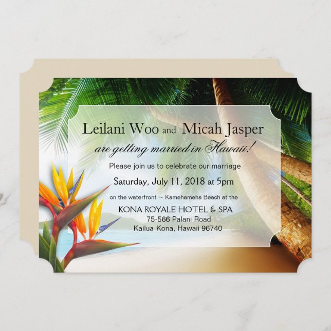Beach Palm Tree Bird of Paradise Wedding Einladung (Vorne/Hinten)