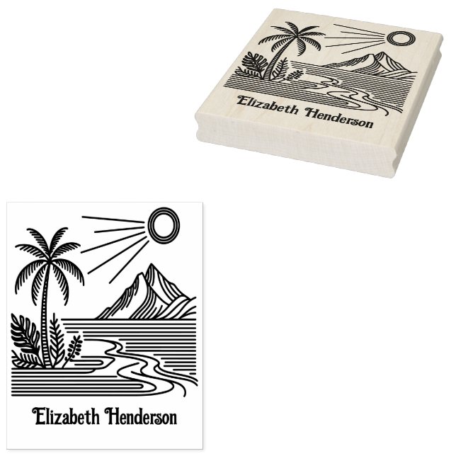 Beach Palm Tree Mountain SQ Library Name Gummistempel (Stempel)