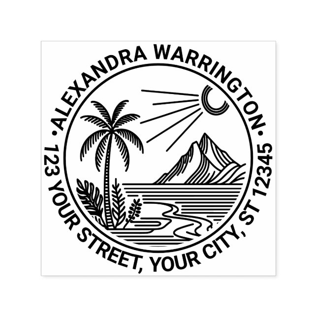 Beach Palm Tree Mountain Sun Name Rücksendeadresse Permastempel (Design)