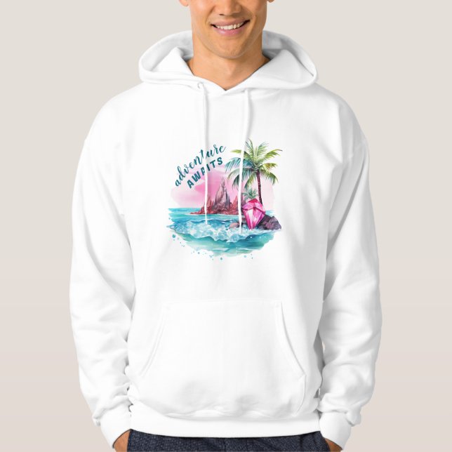 Beach Palm Tree Mountain View Erlebnis erwartet Hoodie (Vorderseite)