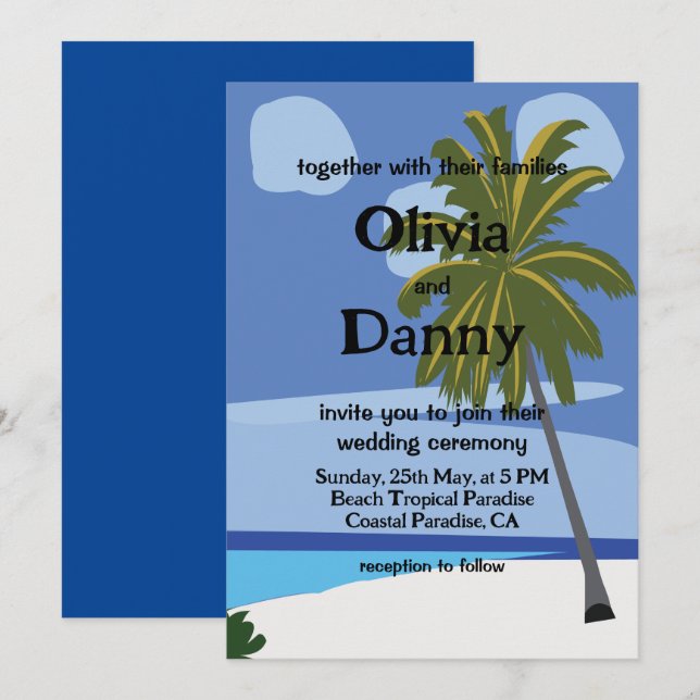 Beach Palm Tree Summer Tropical Beach Hochzeit Einladung (Vorne/Hinten)