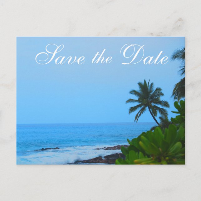 Beach Palm Tree Wedding Save the Date Ankündigungspostkarte (Vorderseite)