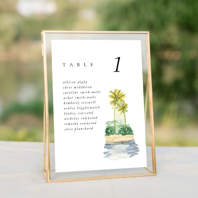 Beach Palm Trees 12x18" Hochzeitskarte (Watercolor palm trees tropical beach wedding table number sign.)