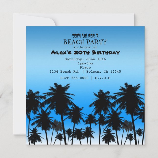 Beach Palm Trees Black & Blue Geburtstagsparty Einladung (Vorderseite)