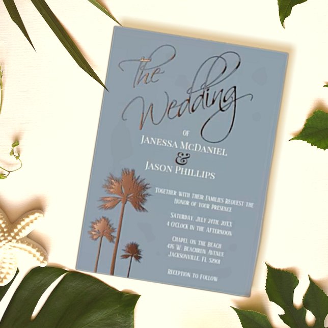 Beach Palm Trees Dusty Blue Tropical Wedding Folieneinladung (Von Creator hochgeladen)