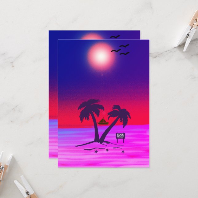Beach Palm Trees Lila Red Einladung (Vorderseite/Rückseite Beispiel)