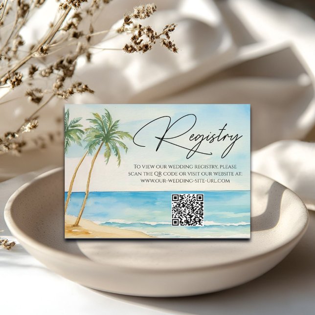 Beach Palm Trees QR Code Wedding Gift Registry Begleitkarte (Von Creator hochgeladen)