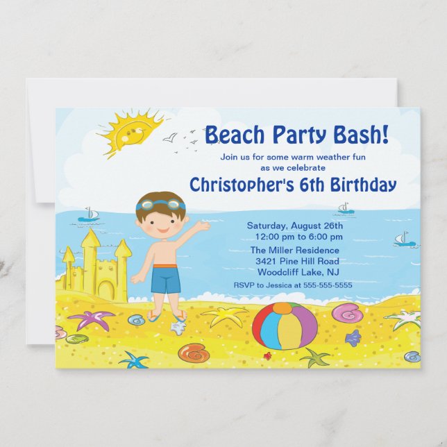 Beach Party Boy Swimming Birthday Invitation Einladung (Vorderseite)