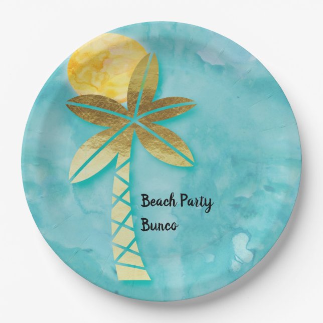 Beach Party Bunco Blue Watercolor Goldene Palme Pappteller (Vorderseite)