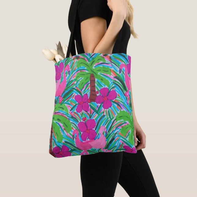 Beach Party Flamingos und Palms Pattern Tote Bag (Von Nahem)