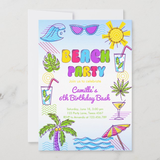 Beach Party Girl Birthday Einladung (Vorderseite)