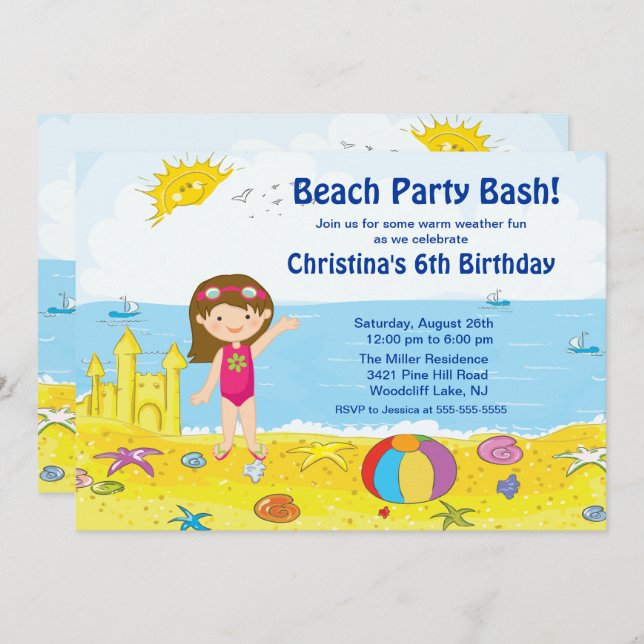 Beach Party Girl Swimming Geburtstag Einladung (Vorne/Hinten)