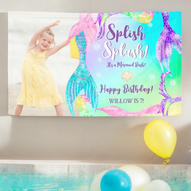 Beach Party Meerjungfrau Schwänze Kindergeburtstag Banner (Beach party mermaid tails Kids birthday photo Banner)