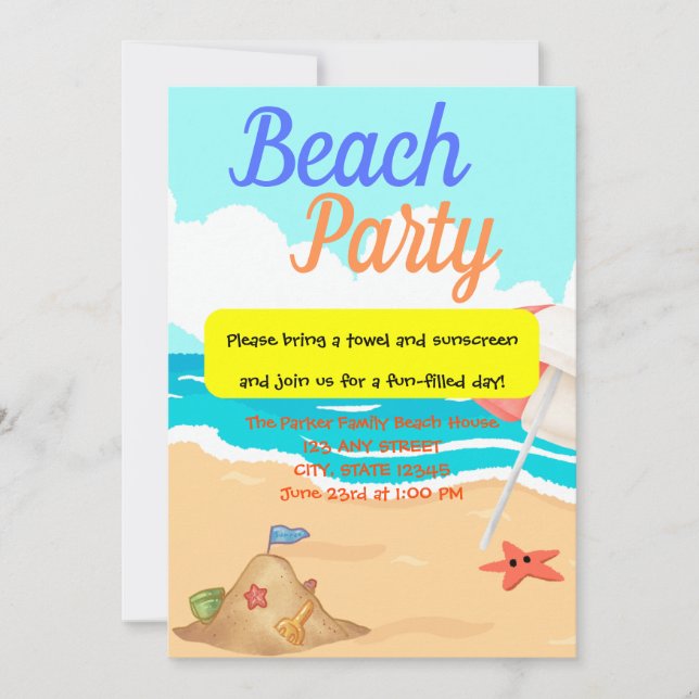 Beach Party mit Sand Castle & a Starfish Party Einladung (Vorderseite)