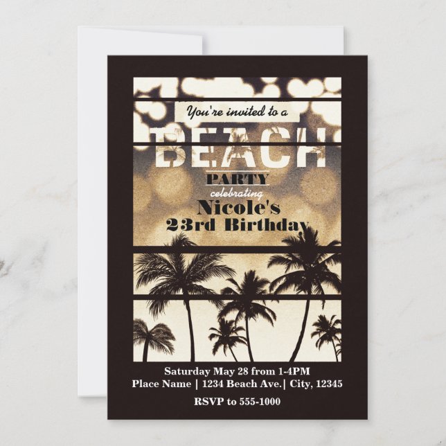 Beach Party Palm Tree Tropical Golden Night Glam Einladung (Vorderseite)