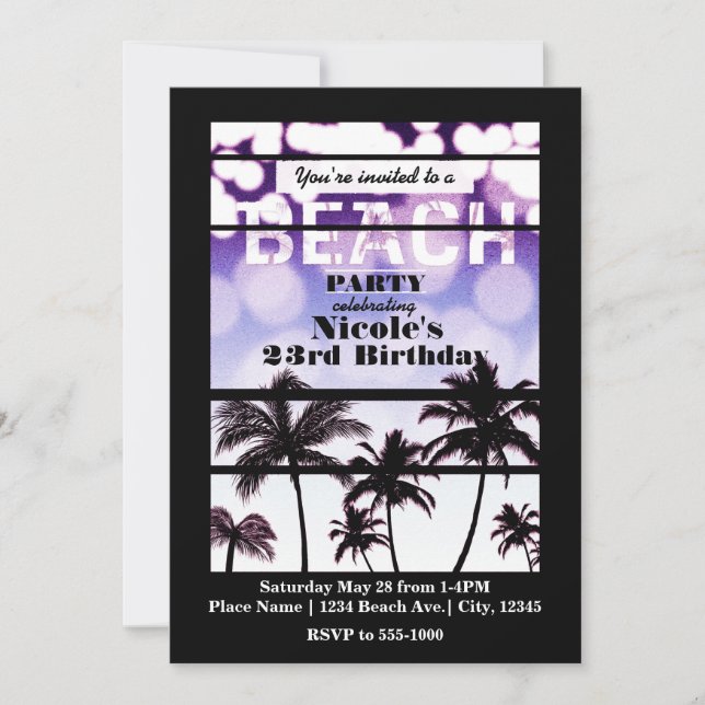 Beach Party Palm Trees Tropical Lila Glam Einladung (Vorderseite)