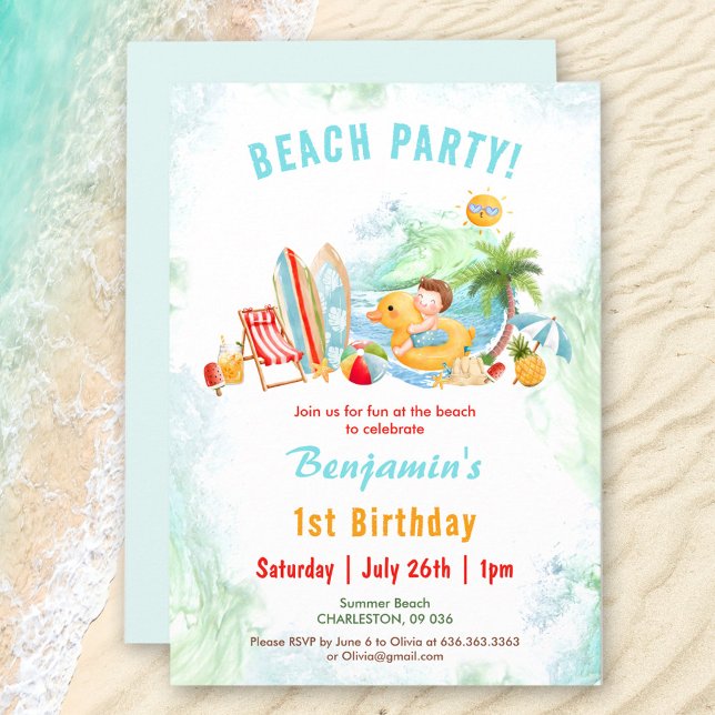 Beach Party Sommer 1. Geburtstag Junge Einladung (Beach Party Summer 1st Birthday Boy Invitation)