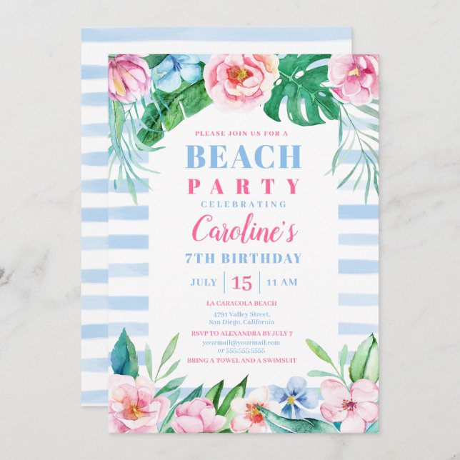 Beach Party Tropical Floral Blue Streifen Geburtst Einladung (Vorne/Hinten)