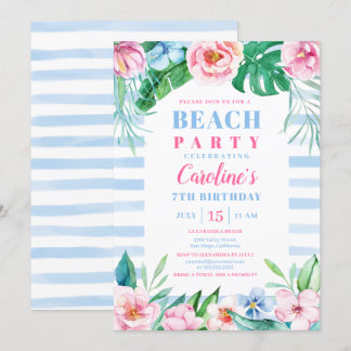 Beach Party Tropical Floral Blue Streifen Geburtst Einladung