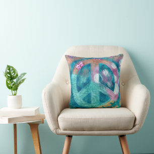 Beach Peace Sign HIppie Boho Aquamarin Pink Sand Kissen