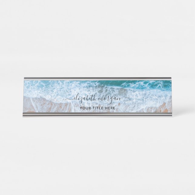Beach Personalisiert Blue Script Elegant Schreibtischnamensplakette (Vorderseite )
