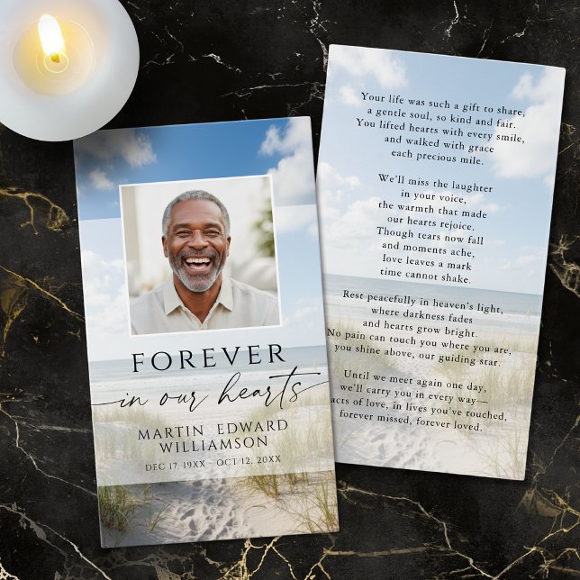 Beach Photo Forever Hearts Memorial Prayer Card (Von Creator hochgeladen)