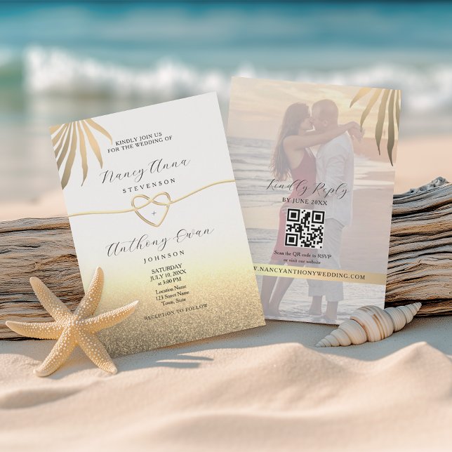Beach Photo Gold Wedding Einladung (Von Creator hochgeladen)