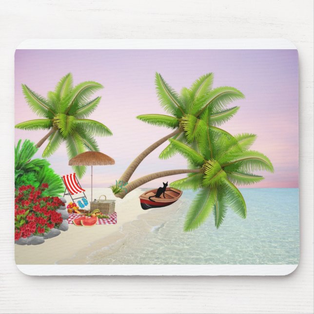 Beach Picnic Boat Bush Palm Trees Beach Chair Mousepad (Vorne)