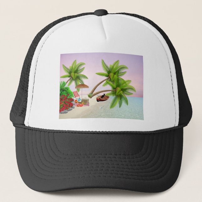 Beach Picnic Boat Bush Palm Trees Beach Chair Truckerkappe (Vorderseite)