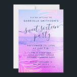 Beach Pink Filter Tropical Summer 16. Geburtstag Einladung<br><div class="desc">Ein atemberaubender, schick rosa und lila Ober-Filter auf einem Strand Foto Hintergrund Sommer Thema süße 16 Geburtstagseinladung. Alle Formulierungen können für jedes Alter Geburtstag oder Feiern geändert werden, und es gibt Platz auf der Rückseite für optionale Kleidung, Wegbeschreibung oder Parkinformationen. Die marineblauen modernen Typografie-Schriftart heben sich vom farbenfrohen Farbverlauf ab,...</div>