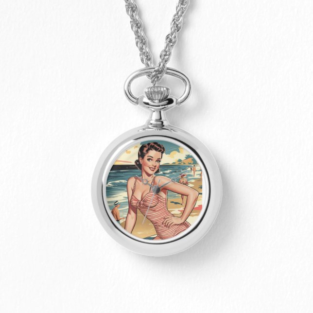 Beach Pinup Silver Necklace Watch in den 40er Jahr Armbanduhr (Vorderseite)