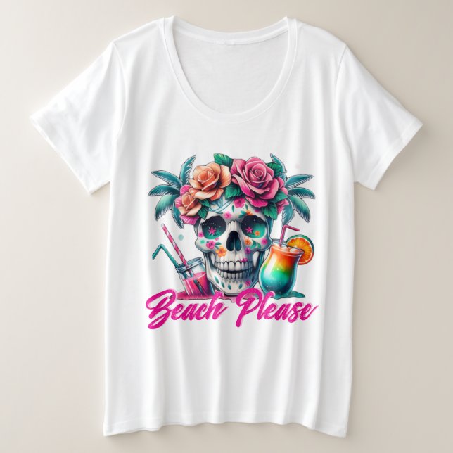 Beach Please Tropical Skull Plus Size T-Shirt (Design vorne)
