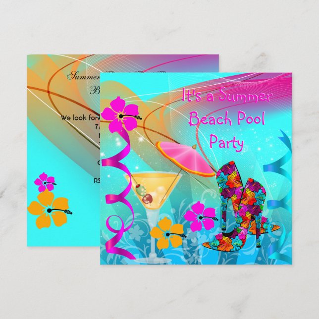 Beach Pool Party Summer Hot Pink Aquamarin Einladung (Vorne/Hinten)