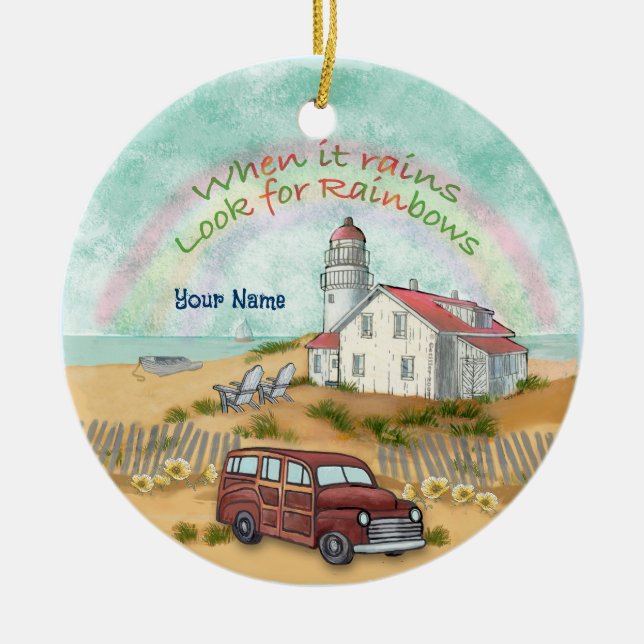 Beach Rainbow Lighthouse Keramik Ornament (Vorne)