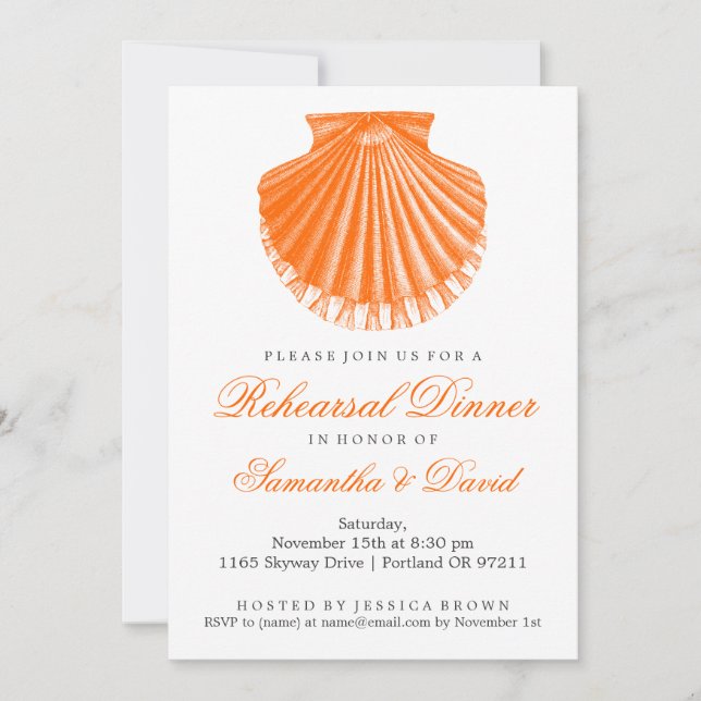 Beach Rehearsal Dinner Scallop Shell Orange Einladung (Vorderseite)