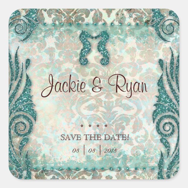Beach Rett Date Wedding Stickers Seepferd (Vorderseite)