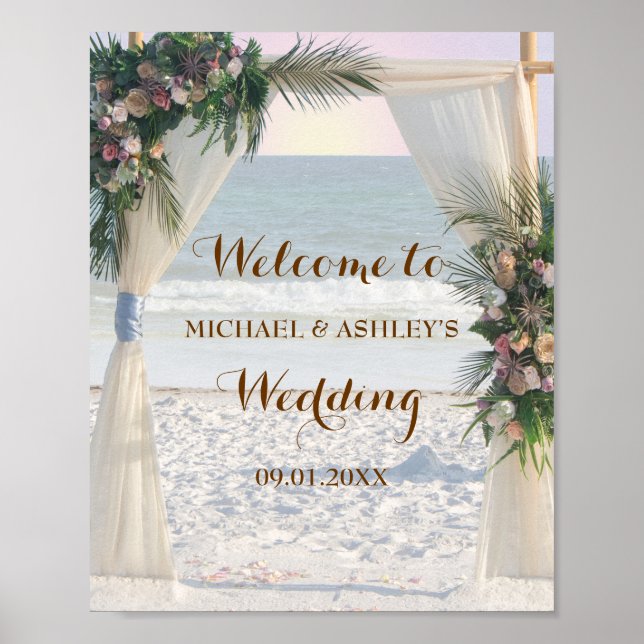 Beach Rose Tropical Blätter Sunset Wedding Willkom Poster (Vorne)