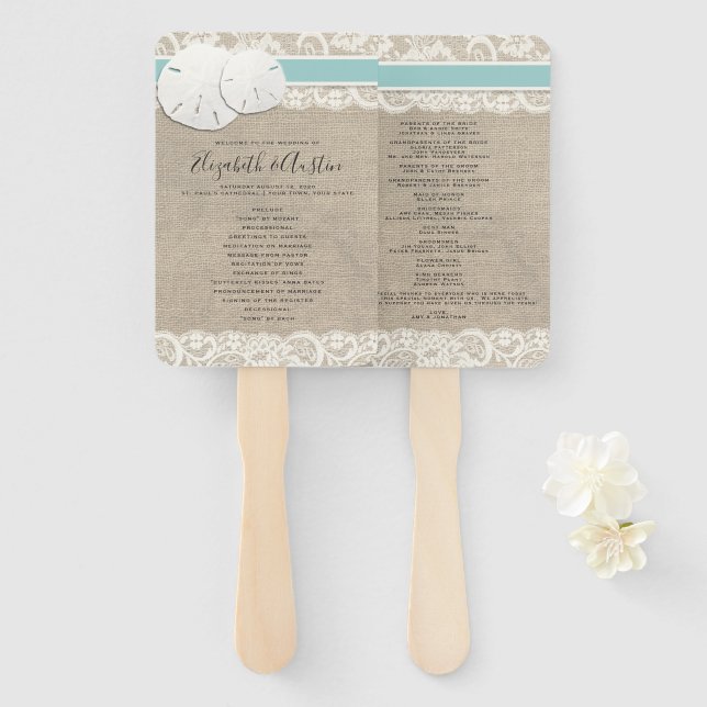 Beach Rustic Burlap Lace Wedding Program Fan Fächer (Vorne und Hinten)