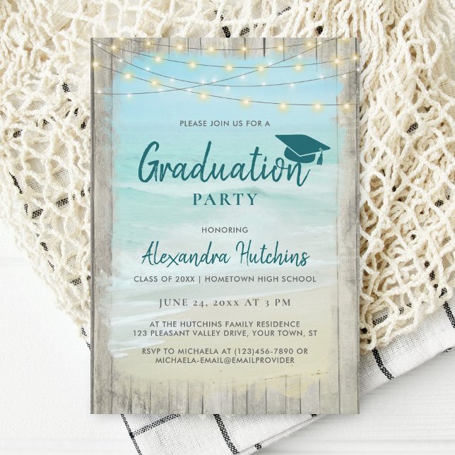 Beach Rustic Holz String Lights Graduation Party Einladung (Von Creator hochgeladen)