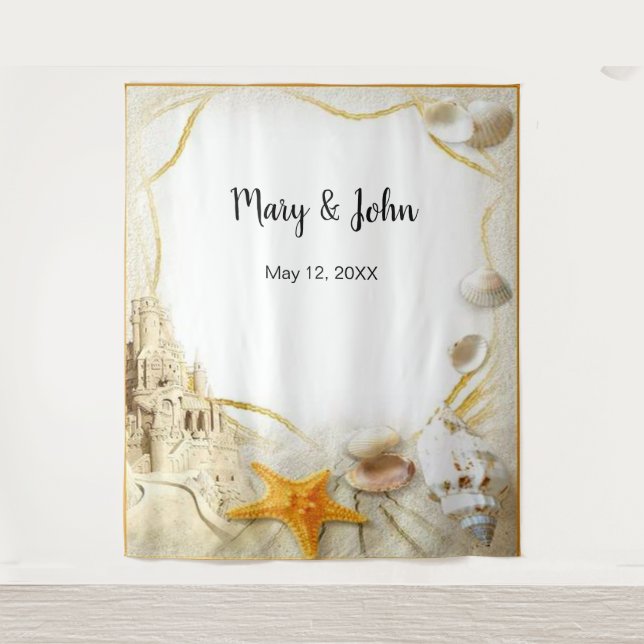 Beach Sand Castle Wedding Foto Hintergrund Wandteppich (Vorderseite)