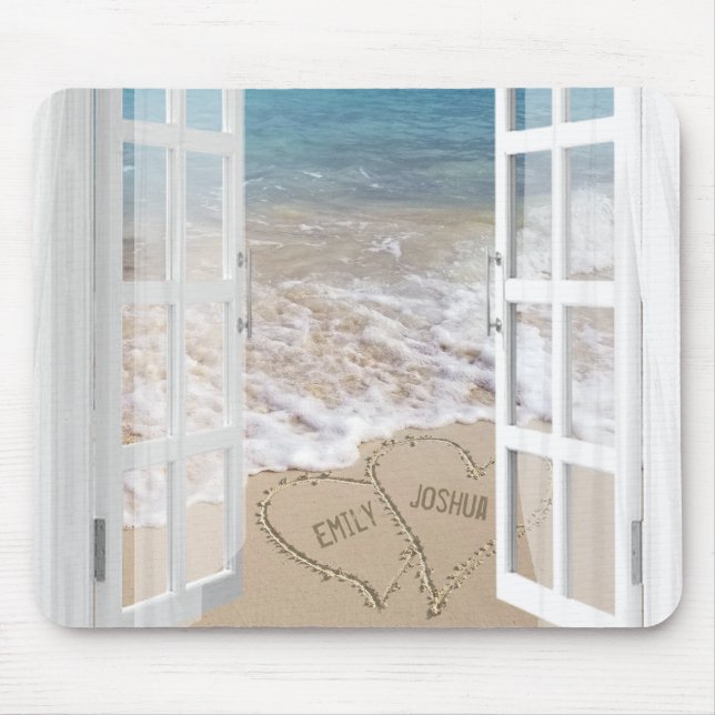 Beach Sand Heart mit offenem Fenster Mousepad (Vorne)