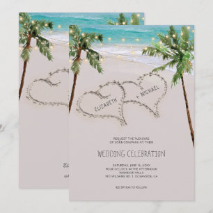 Beach Sand Hearts Tropical Palm Moderne Hochzeit Einladung