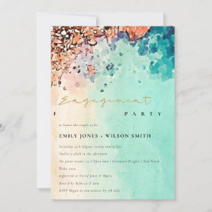BEACH SAND ROCK WATERCOLOR TEAL ENGAGEMENT INVITE DANKESKARTE