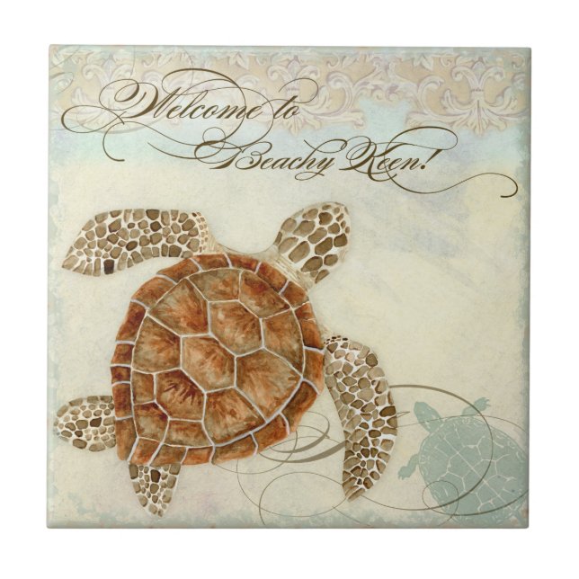 Beach Sand Seashore Collage Turtle Sea Horse Shell Fliese (Vorderseite)