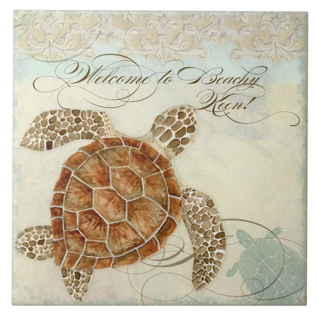 Beach Sand Seashore Collage Turtle Sea Horse Shell Fliese (Vorderseite)