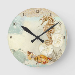 Beach Sand Seashore Collage Turtle Sea Horse Shell Runde Wanduhr