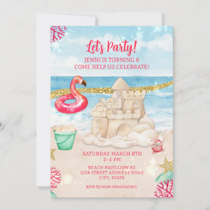 Beach Sandcastle Flamingo Geburtstagsparty herunte Einladung